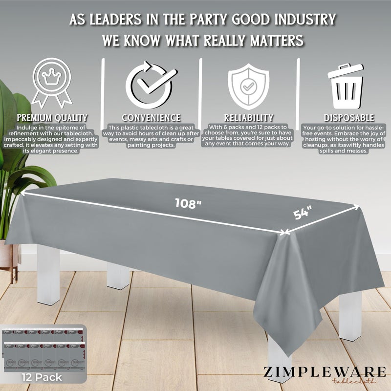 ZIMPLEWARE Premium Silver Plastic Table Cloth Disposable (12 Pk) Plastic Tablecloths for Rectangle Tables (54in x 108in) Party Table Cloths Disposable for 6ft to 8ft Rectangle Tables - Image 3